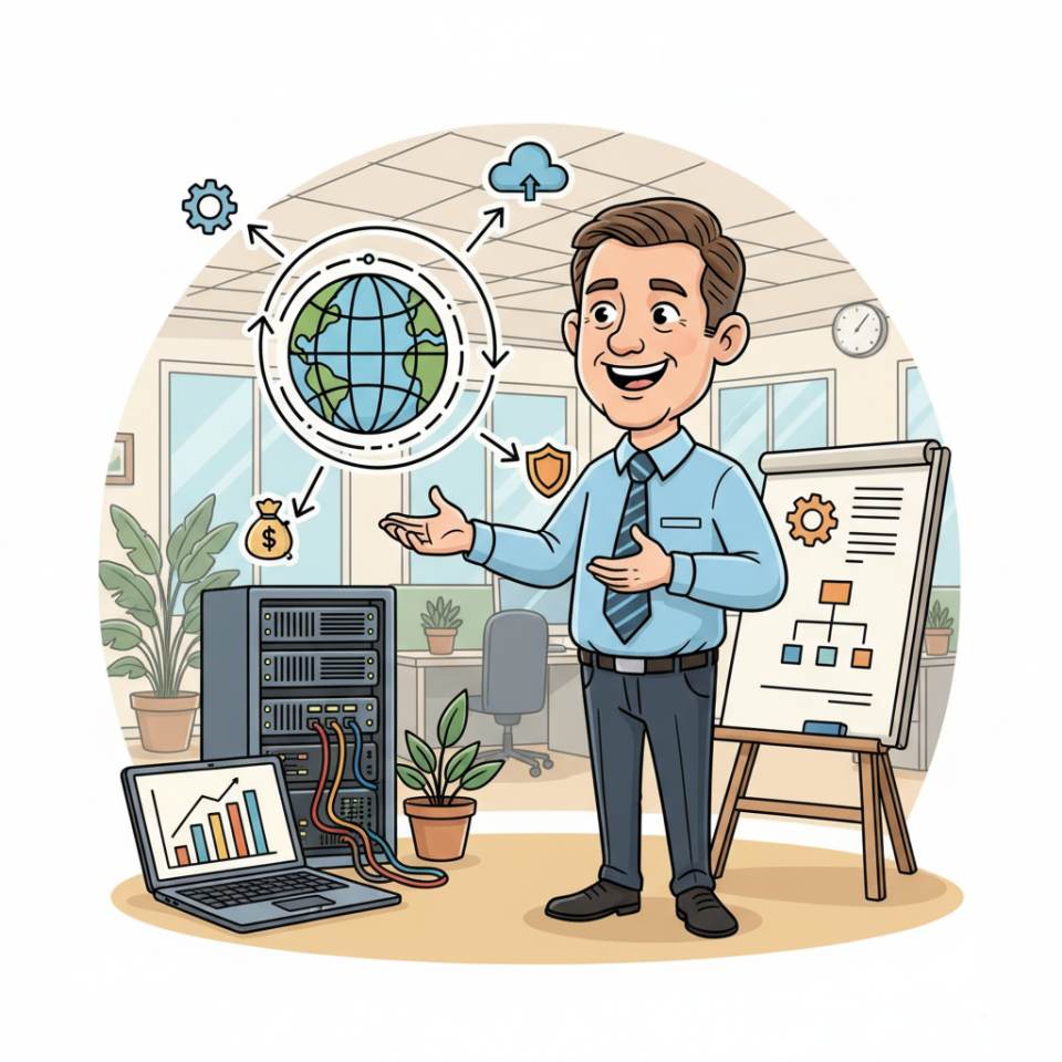 Comic-Darstellung eines Abteilungsleiters mit Laptop, Organigramm und Führungsteam in einem modernen Büro
