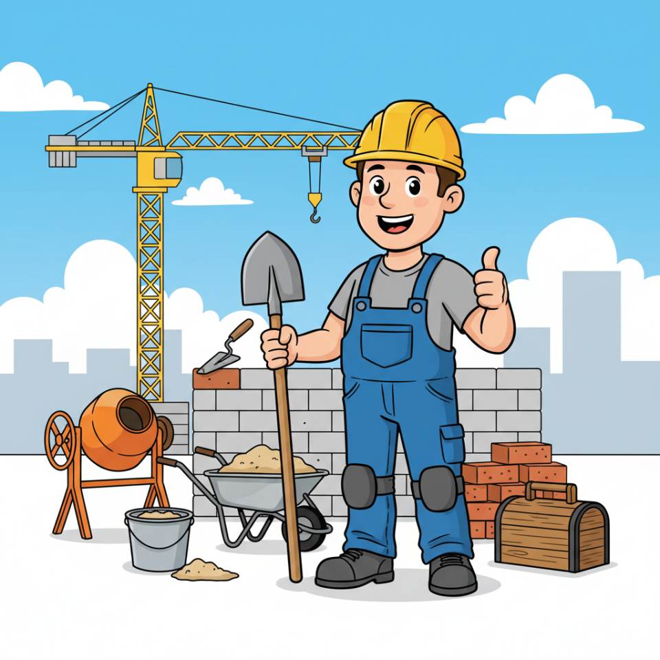 Comic-Darstellung eines Bauhelfers mit Helm und Schubkarre auf einer Baustelle