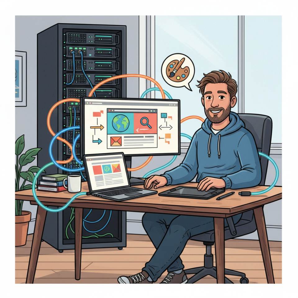 Comic-Darstellung eines Grafikdesigners am Arbeitsplatz mit Grafiktablet, Farbpaletten und Layout-Entwürfen