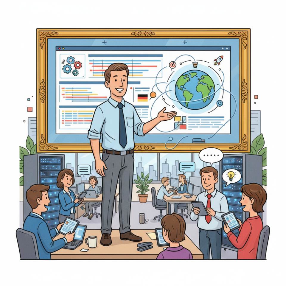Comic illustration of a project manager with laptop, Gantt chart, sticky notes and a team at a project table in the office